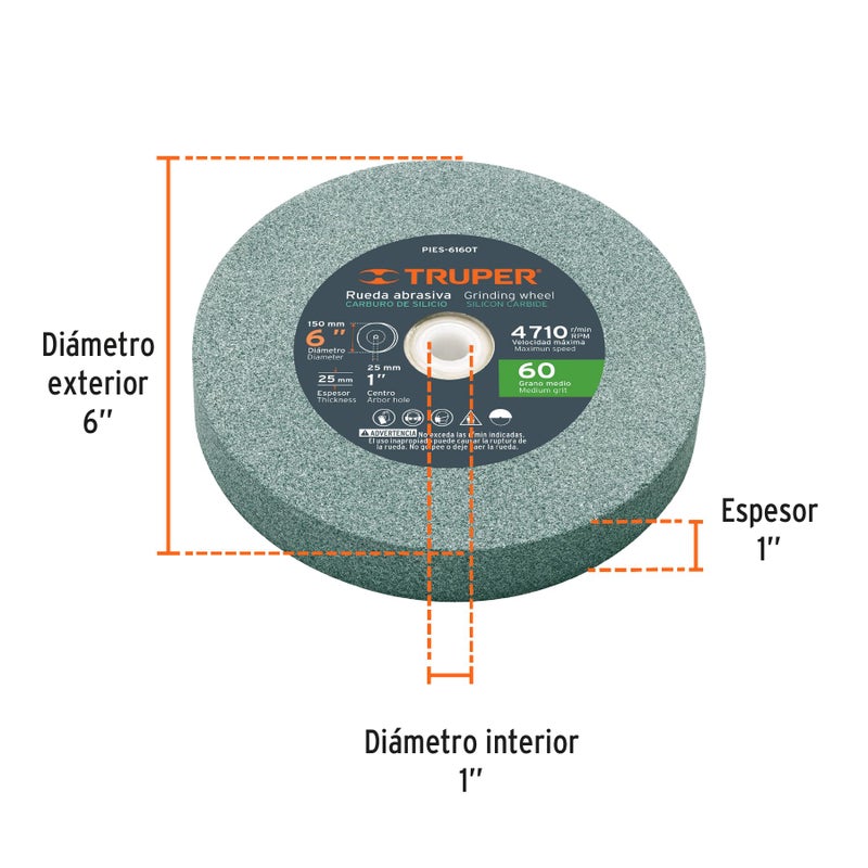 TRUPER PIES-6160T 6" Silicon Carbide Bench Grinding Wheels. Grit=60, Thickness=1", Drill=1". 1 Pack - Image 2